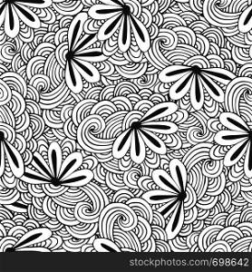 Doodle seamless waves pattern with flowers in vector. Zentangle coloring page. Creative background for textile, wrapping paper or coloring book. Doodle seamless waves pattern with flowers in vector. Zentangle coloring page. Creative background for textile, wrapping paper or book.