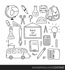 Doodle set back to school. Collection of vector icons. Design elements. Sketches on topic of training and education.