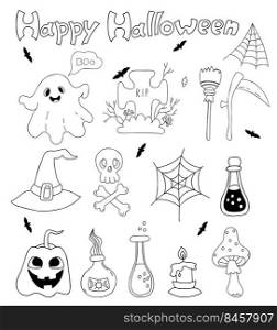 Doodle set Happy Halloween. Jack pumpkin, ghost, skull and crossbones, grave and cobweb, fly agaric, witch hat and witches potion. Vector isolated outline elements for decor, design, decoration