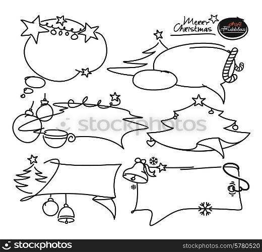 Doodle set Merry C hristmas elements. Bubble frames, boxes, cloud, christmas tree, flags, banners on sale. Isolated black silhouette