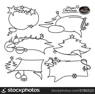 Doodle set Merry C hristmas elements. Bubble frames, boxes, cloud, christmas tree, flags, banners on sale. Isolated black silhouette