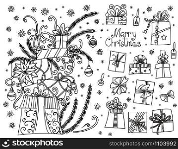 Doodle set of Christmas presents. Hand drawn cartoon gift boxes in various shapes and pile of holiday presents with ribbons and bow . Vector illustration isolated on white. Design elements collection.. Doodle set of Christmas presents