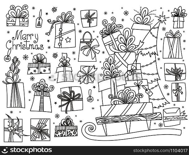 Doodle set of Christmas presents. Hand drawn cartoon gift boxes in various shapes and pile of holiday presents on the sleigh. Vector illustration isolated on white. Design elements collection.. Doodle set of Christmas presents