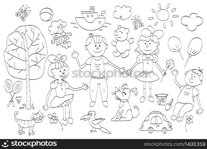 Doodle set of cute child&rsquo;s life including pets, toys, plants, things for sport and celestial elements. Vector illustration.