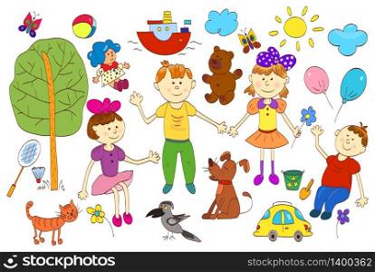 Doodle set of cute child&rsquo;s life including pets, toys, plants, things for sport and celestial elements. Vector illustration.. Doodle set of cute child&rsquo;s life including pets, toys, plants, th
