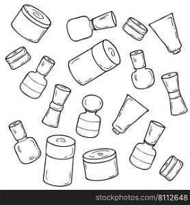 Doodle set of empty self care cosmetic jars. Hand drawn vector illustration for decor and design.