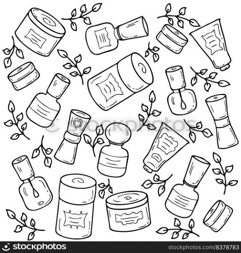 Doodle set of retro style cosmetic jars with labels. Hand drawn vector illustration for decor and design.