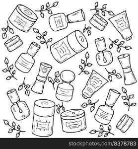 Doodle set of retro style cosmetic jars with labels. Hand drawn vector illustration for decor and design.