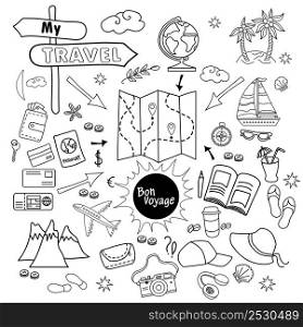 Doodle set of travel vector. Drawings of luggage for tour of sea and mountains. Things for person to travel. All elements are isolated.