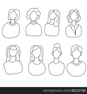 Doodle set of woman vector illustration. Hand drawn silhouette of isolated people. Abatar simple outline. Doodle set of woman vector illustration