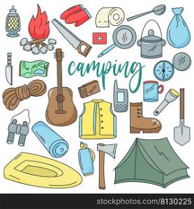 Doodle set tourism and travel. Colored collection hand drawn hiking icons. Bundle items for exploration, recreation and adventure vector. Doodle set tourism and travel
