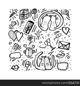 Doodle set with cute love symbols. Cats and valentine day objects. Coloring book composition. Vector illustration.