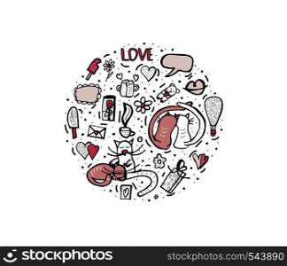 Doodle set with cute love symbols. Cats and valentine day objects. Hand drawn round composition. Vector illustration.
