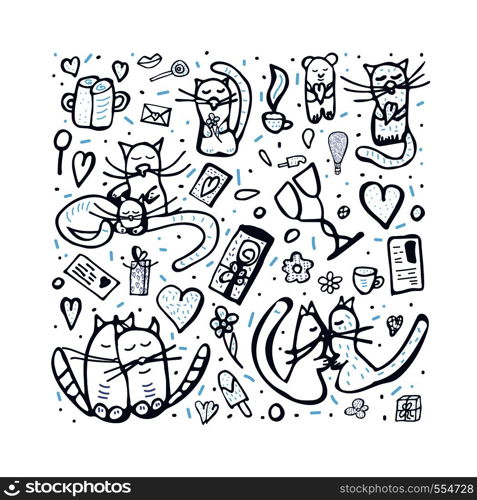 Doodle set with cute love symbols. Cats and valentine day objects. Vector illustration.