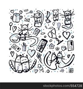 Doodle set with cute love symbols. Cats and valentine day objects. Vector illustration.