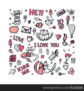 Doodle set with cute love symbols. Cats, lettering and valentine day objects. Vector illustration.