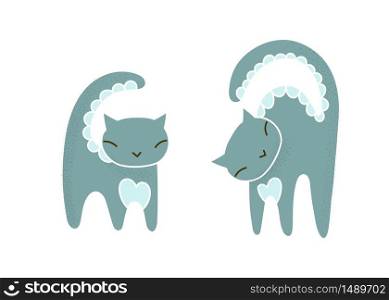 Doodle set with trendy grey cat in line art style. Funny tabby grey cat set. Line art simple vector drawing. Colorful cat silhouette isolated illustration white background.. Doodle set with trendy grey cat in line art style
