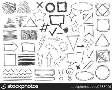 Doodle shapes. Drawings pencil monochrome textures strokes, arrows and frames, borders and hatched badges round and square shape vector set. Speech bubbles, direction, exclamation and question marks. Doodle shapes. Drawings pencil monochrome textures strokes, arrows and frames, borders and hatched badges round and square shape vector set