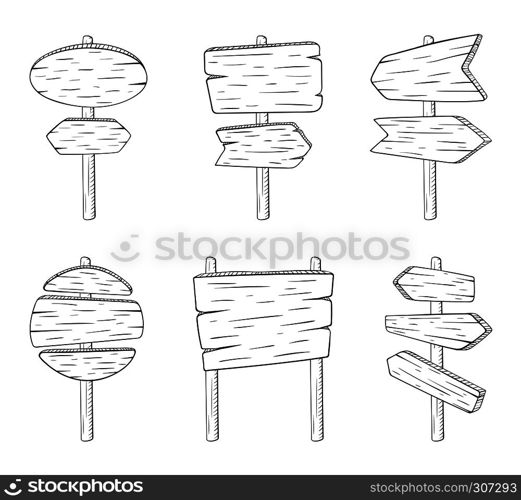 Doodle sign street boards with wood texture. Vector sketch illustration isolate on white background. Directional arrow texture, sketch doodle wooden arrow guidepost. Doodle sign street boards with wood texture. Vector sketch illustration isolate on white background