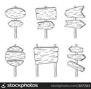 Doodle sign street boards with wood texture. Vector sketch illustration isolate on white background. Directional arrow texture, sketch doodle wooden arrow guidepost. Doodle sign street boards with wood texture. Vector sketch illustration isolate on white background