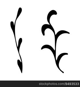 Doodle single twig branch element. Dry twig plant, herb. Vector silhouette illustration. Hand drawn branches. Black on white background. Design element for natural and organic designs.. Doodle single twig branch element. Dry twig plant, herb. Vector silhouette illustration