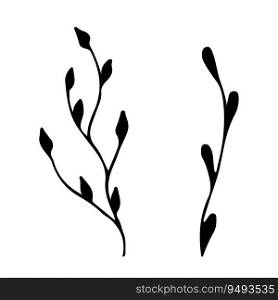 Doodle single twig branch element. Dry twig plant, herb. Vector silhouette illustration. Hand drawn branches. Black on white background. Design element for natural and organic designs.. Doodle single twig branch element. Dry twig plant, herb. Vector silhouette illustration