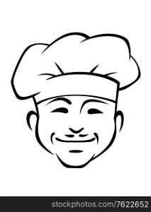 Doodle sketch in black and white of a happy smiling chef with a little moustache wearing a traditional white toque