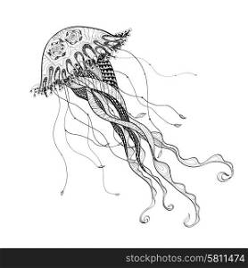 Doodle sketch medusa jellyfish black line. Ocean giant medusa jellyfish engraving art showpiece decorative poster doodle style design black line abstract vector illustration