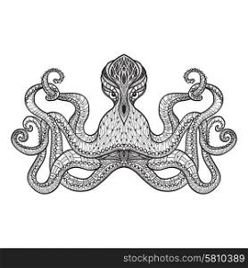 Doodle sketch octopus black line. Staring octopus stylized character embroidery or engraving pattern pictogram design print doodle black line abstract vector illustration