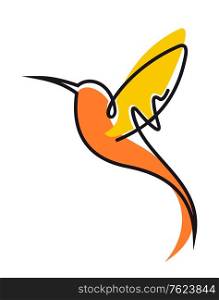 Doodle sketch of a colorful flying hummingbird in yellow and orange with outspread wings and a long curving beak, side view