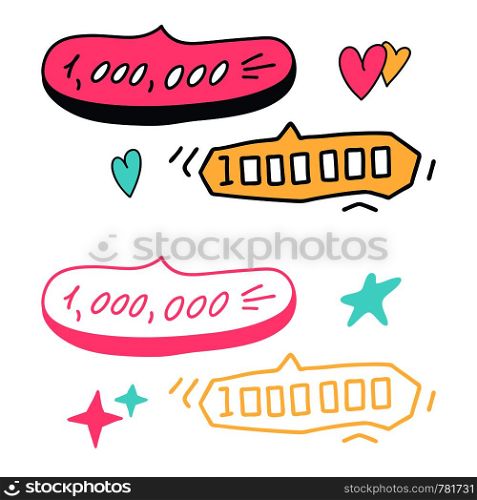Doodle sketch vector elements Design template million number banners speech bubbles and thought bubbles. Funny greetings for clothes, card, badge, icon, postcard, banner, tag, stickers, print.