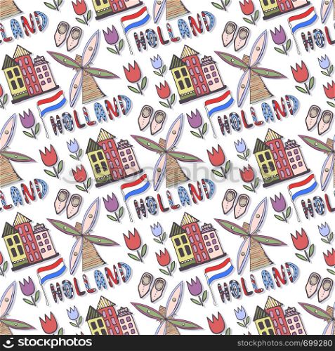 Doodle sketched Holland seamless pattern with windmill and house. Netherlands background for design. Vector illustration. Hand drawn Holland seamless pattern with windmill and house. Netherlands background for design. Vector illustration.