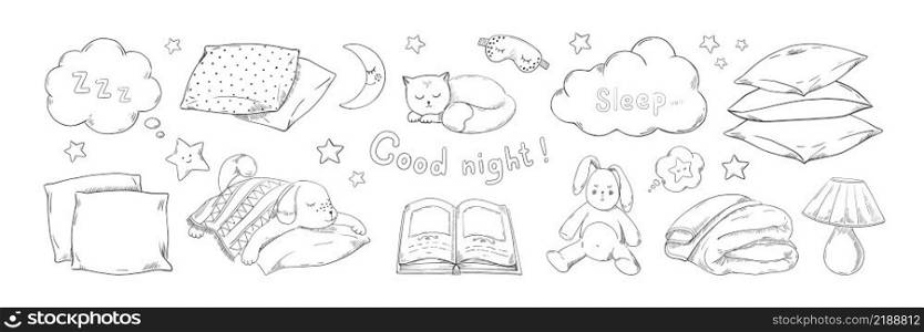 Doodle sleep dream. Hand drawn night bedtime collection of pillow feather cloud and cute moon. Napping puppies and kittens sketch. Isolated cozy cushion stacks or blankets. Vector sweet dreaming set. Doodle sleep dream. Hand drawn night bedtime collection of pillow feather cloud and moon. Napping puppies and kittens sketch. Cozy cushion stacks or blankets. Vector sweet dreaming set