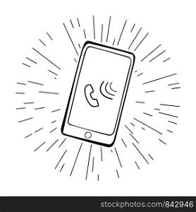 doodle smartphone with call sign on screen,cool doodle vector illustration. doodle smartphone with call sign on screen