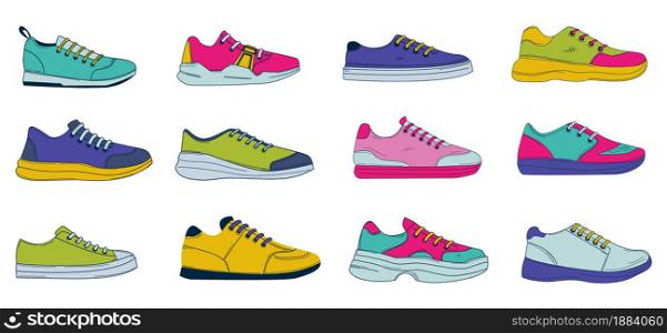 Doodle sneakers. Hand drawn sport and casual footwear. Mens or womens colored fitness and fashion shoes. Isolated footgear with shoelaces. Side view of trendy unisex boots. Vector fashion clothes set. Doodle sneakers. Hand drawn sport and casual footwear. Mens or womens colored fitness and fashion shoes. Footgear with shoelaces. Side view of unisex boots. Vector fashion clothes set