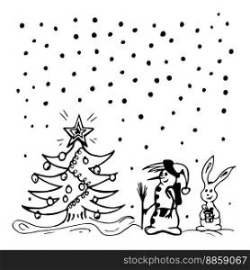 Doodle Snowman Christmas tree, hare rabbit, snowfall. Line art. White and black. Vector illustration. Design for icon, stickers, Web, print, cover, banner, postcard, post, copy space. Doodle Snowman Christmas tree, hare rabbit, snowfall. Line art. White and black. Vector illustration