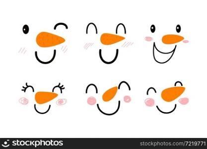 Doodle snowman faces set with happy smile and pink cheeks. New Year cartoon emoticon template set isolated on white background with editable stroke. Vector.. Doodle snowman faces set with happy smile and pink cheeks. New Year cartoon emoticon template set isolated on white background with editable stroke.