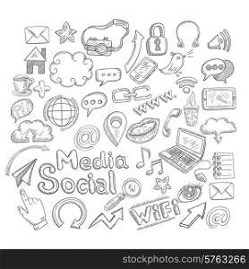 Doodle social media decorative icons set with creative elements isolated vector illustration