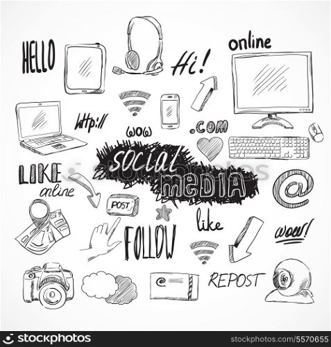 Doodle social media icons set of mobile applications for blog isolated vector illustration