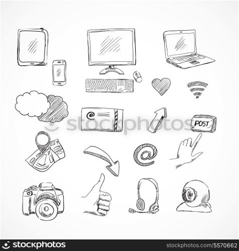 Doodle social media icons set of network communications for blog isolated vector illustration