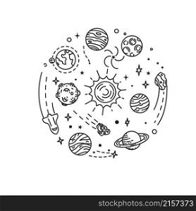 Doodle solar system. Hand drawn sketch planets, cosmic comet and stars, astronomy space doodles. Celestial solar system