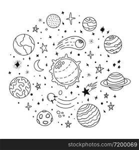 Doodle solar system. Hand drawn sketch planets, cosmic comet and stars, astronomy space doodles. Celestial solar system vector icons illustration. Universe and cosmos, moon and planets. Doodle solar system. Hand drawn sketch planets, cosmic comet and stars, astronomy space doodles. Celestial solar system vector icons illustration