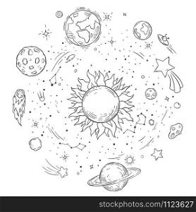 Doodle solar system. Hand drawn sun, cosmic comet and planet earth vector illustration. Outer space outline coloring book drawing. Celestial bodies spinning around star. Astronomy concept. Doodle solar system. Hand drawn sun, cosmic comet and planet earth vector illustration. Outer space monochrome coloring book drawing. Celestial bodies spinning around star. Astronomy concept