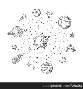 Doodle solar system. Trendy hand drawn space, sketch planet meteor comet astronomy elements. Vector lineart illustrations. Doodle solar system. Trendy handdrawn space, planet meteor comet astronomy elements. Vector lineart