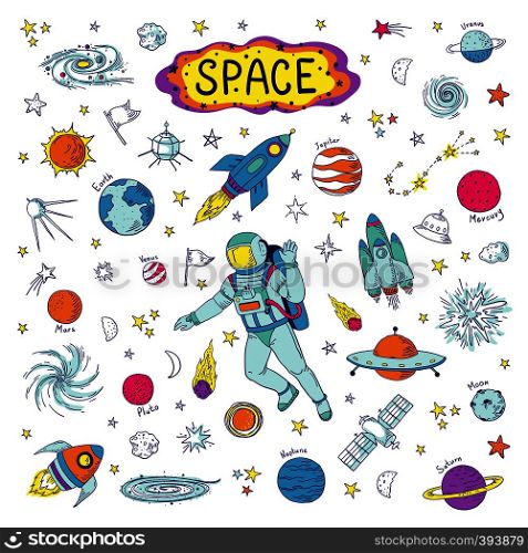 Doodle space. Cosmos trendy kids pattern, hand drawn rocket ufo universe meteor planet graphic elements. Vector astronomy sketch spacecraft illustration set. Doodle space. Cosmos trendy kids pattern, hand drawn rocket ufo universe meteor planet graphic elements. Vector astronomy set