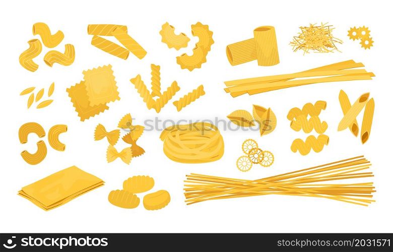 Doodle spaghetti. Cartoon Italian wheat pasta food. Different macaroni types. Isolated farfalle and rotini. Yellow tagliatelle or cavatappi. Cooking ingredients. Dry fusilli and penne. Vector meal set. Doodle spaghetti. Cartoon Italian wheat pasta food. Macaroni types. Isolated farfalle and rotini. Tagliatelle or cavatappi. Cooking ingredients. Dry fusilli and penne. Vector meal set