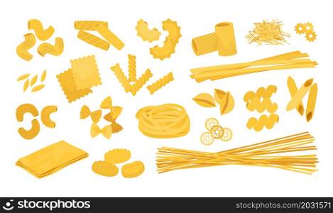 Doodle spaghetti. Cartoon Italian wheat pasta food. Different macaroni types. Isolated farfalle and rotini. Yellow tagliatelle or cavatappi. Cooking ingredients. Dry fusilli and penne. Vector meal set. Doodle spaghetti. Cartoon Italian wheat pasta food. Macaroni types. Isolated farfalle and rotini. Tagliatelle or cavatappi. Cooking ingredients. Dry fusilli and penne. Vector meal set