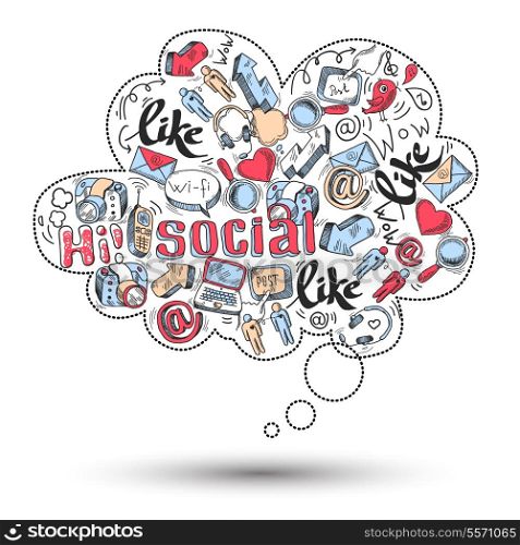 Doodle speech bubble icon with social media infographics isolated vector illustration