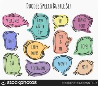 Doodle speech bubble set. Doodle speech colorful bubble set on white background, vector illustration
