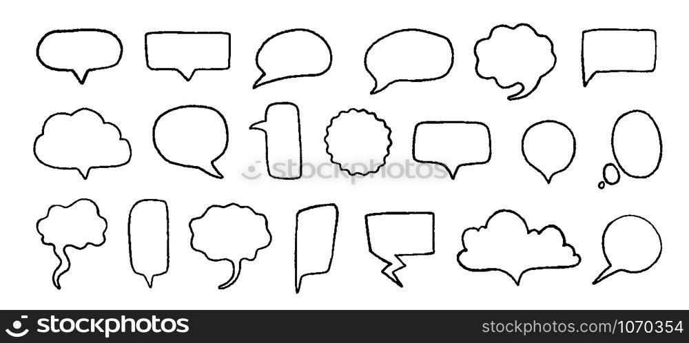 Doodle speech bubbles. Hand drawn elements for quotes and text with pencil sketch lines and grunge shapes. Vector trendy set sketched black line clouds for speaking or thinking expression. Doodle speech bubbles. Hand drawn elements for quotes and text with pencil sketch lines and grunge shapes. Vector trendy set